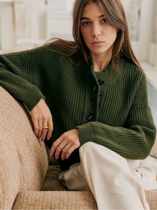 Sezane Sweaters - Sezane Lucas Wool Olive Green Ribbed Button-Front Sweater